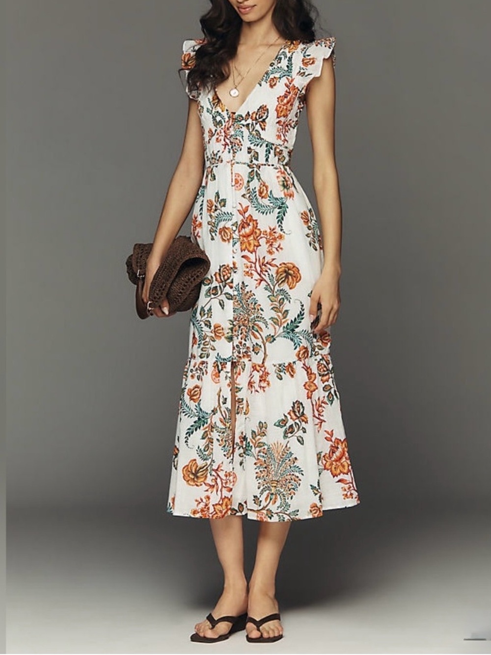 Anthropologie Peregrine Midi Dress Floral White & Orange 100% Cotton Lined M